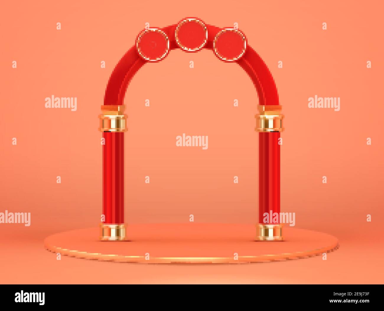 3d red arch with round base isolated on orange background. Suitable for Chinese new year event promo. Stock Vector