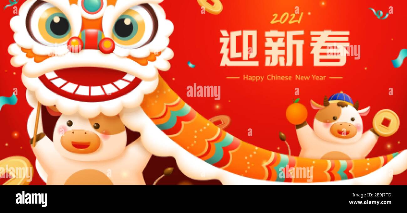 CNY cute baby cows playing lion dance illustration banner, Happy New Year written in Chinese text Stock Vector