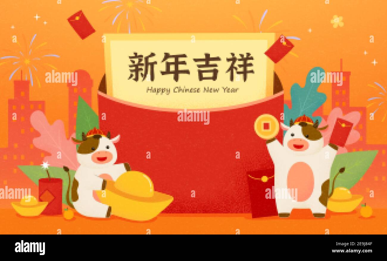 2021 Chinese new year greeting banner with cute cows and red envelopes