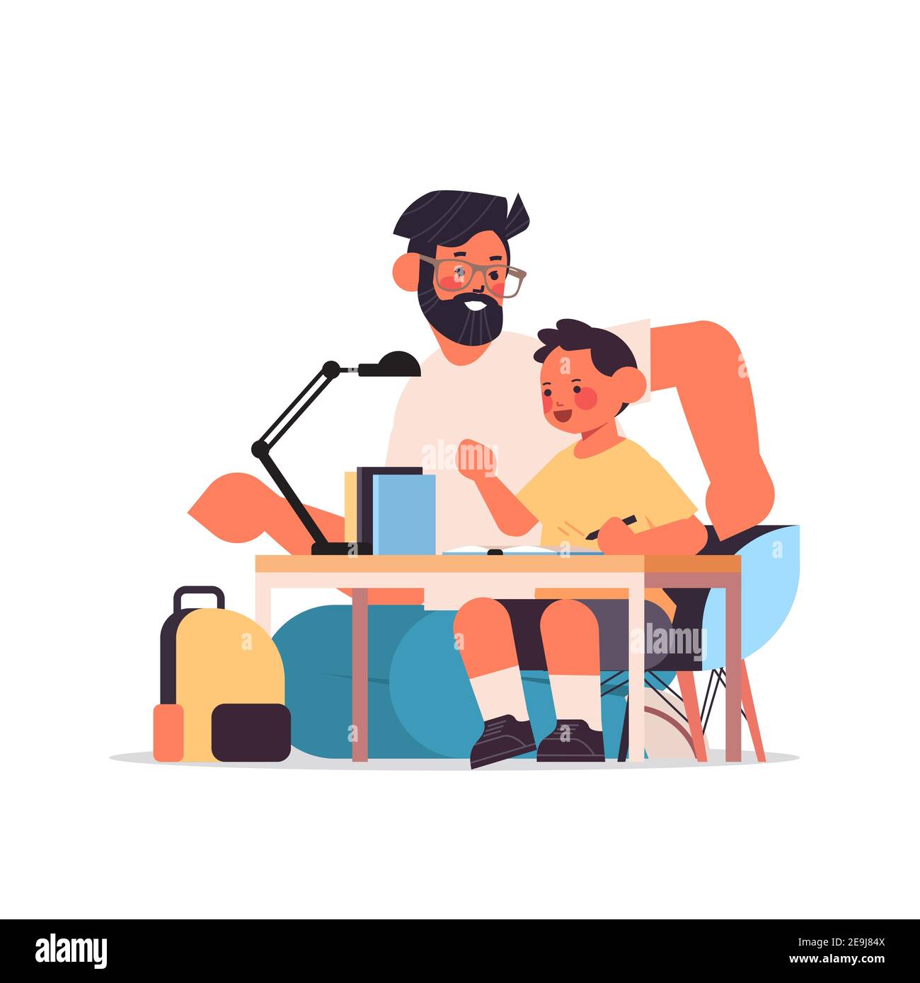 young father helping son doing homework parenting fatherhood friendly family concept dad spending time with his kid full length vector illustration Stock Vector