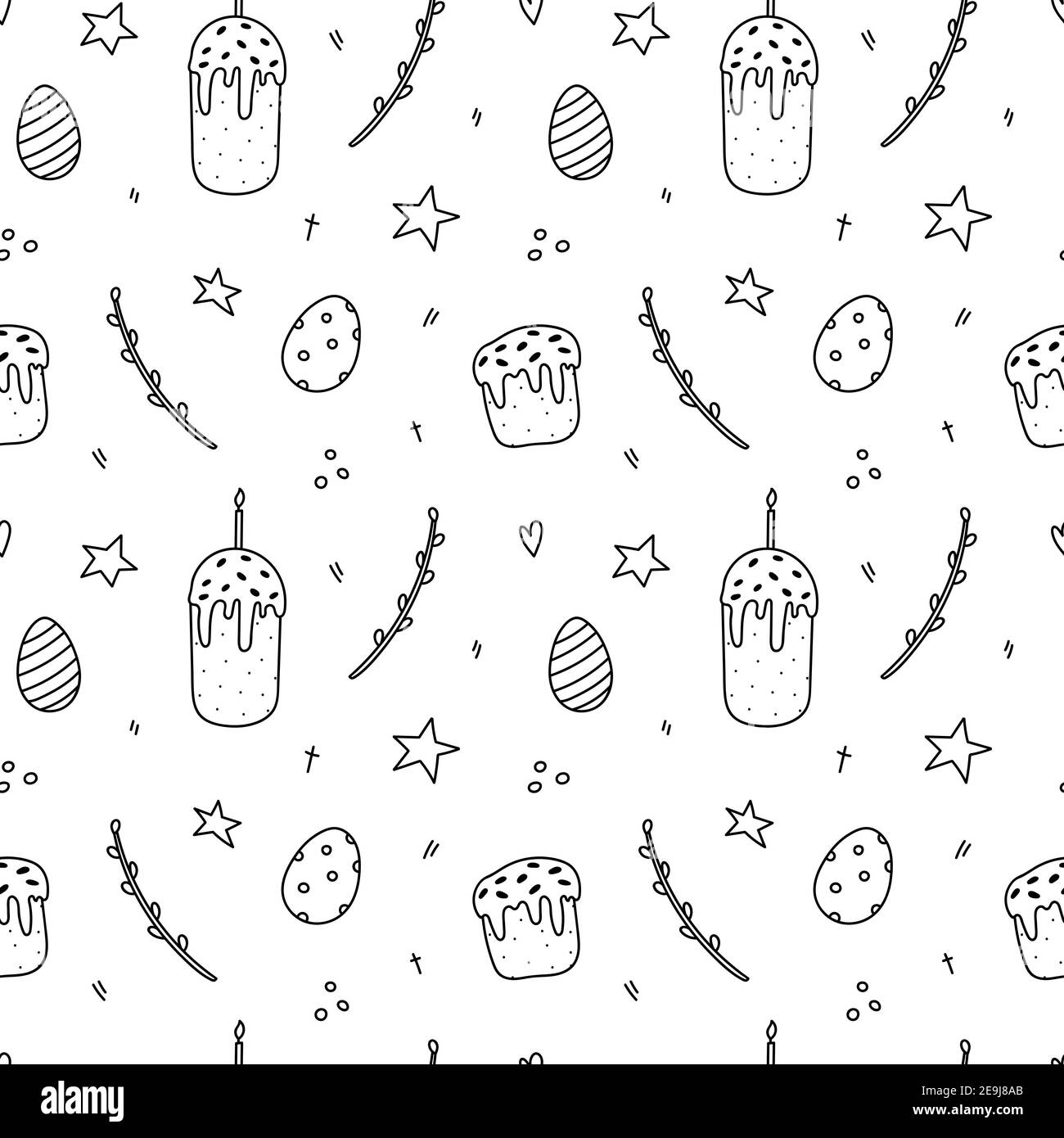 Cute Easter seamless pattern. Festive Easter cakes and eggs, stars and willow twigs. Vector hand-drawn illustration in doodle style. Stock Vector