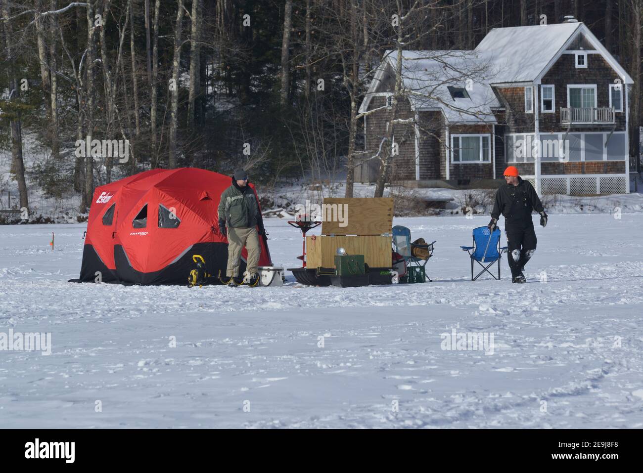Hubbardston, Massachusetts, USA. 31st Jan, 2021. Ice Fishermen Spend the Early Morning fishing