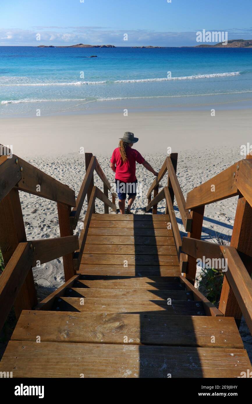 Man in red shirt looking at Lovers Cove, Twilight Beach, Esperance, Western Australia. No MR Stock Photo