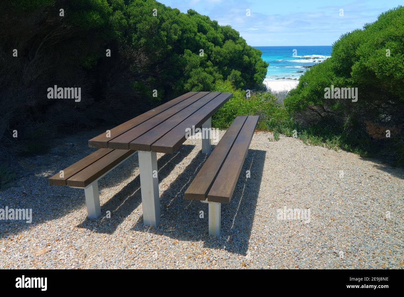 Picnic table at Pretty Beach, near Hopetoun, Western Australia Stock Photo