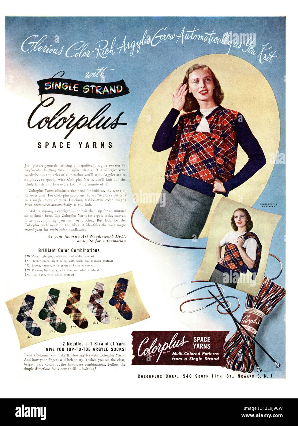 1947 Colorplus Space Yarns 'Single Stand' Advertisement, retouched and restored, A3+, poster quality 600dpi Stock Photo