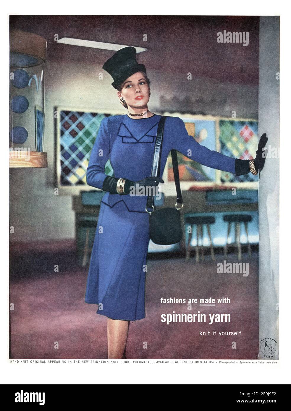 1947 Spinnerin Yarn 'Knit It Yourself' Advertisement, retouched and restored, A3+, poster quality 600dpi Stock Photo