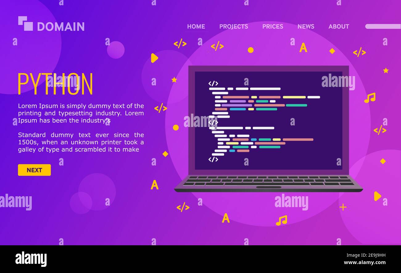 Program code on the laptop screen. Landing page design. laptop with a code computer language python. Vector illustration on ultraviolet background. Stock Vector