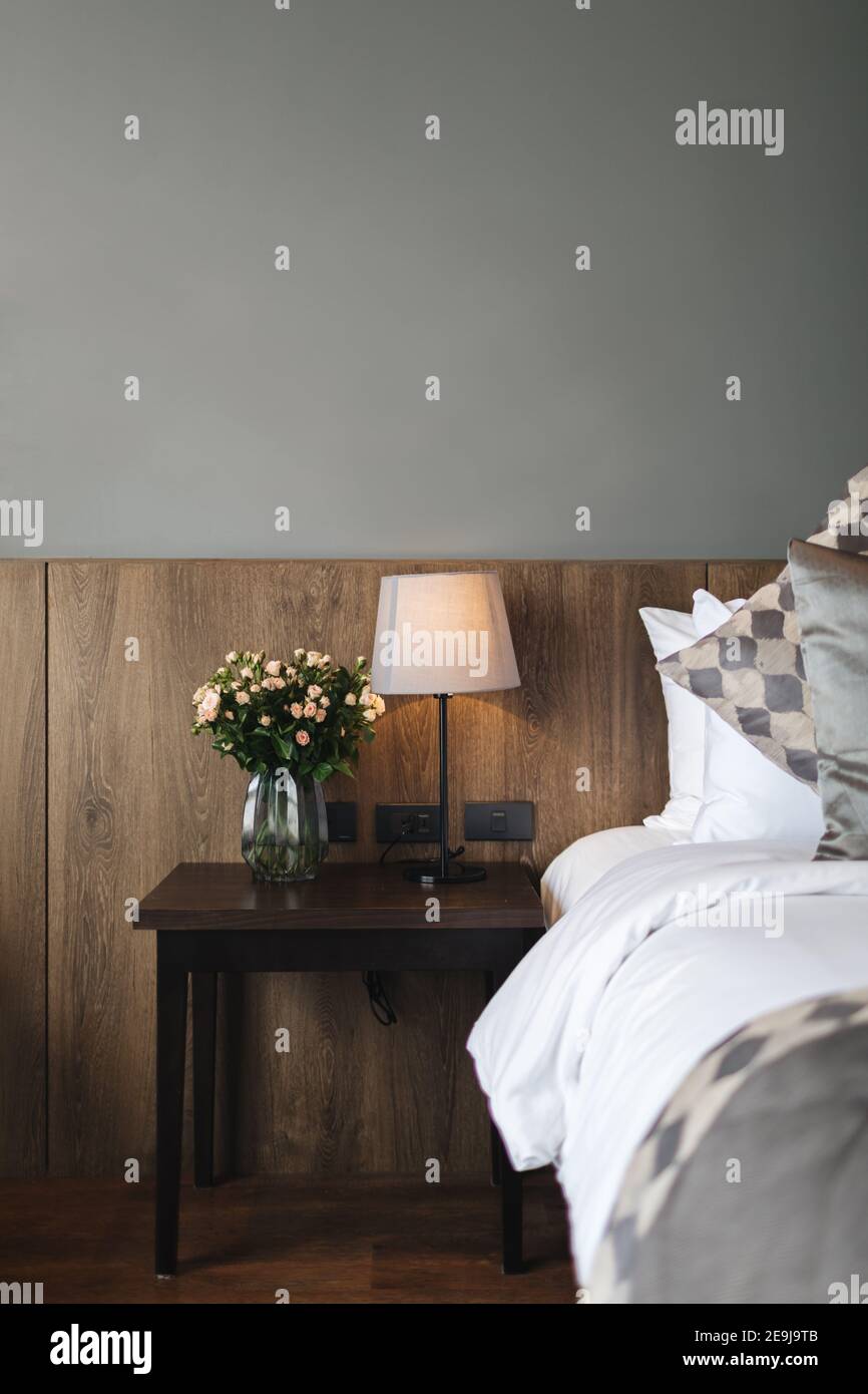 black and grey modern bedroom interior Stock Photo Alamy