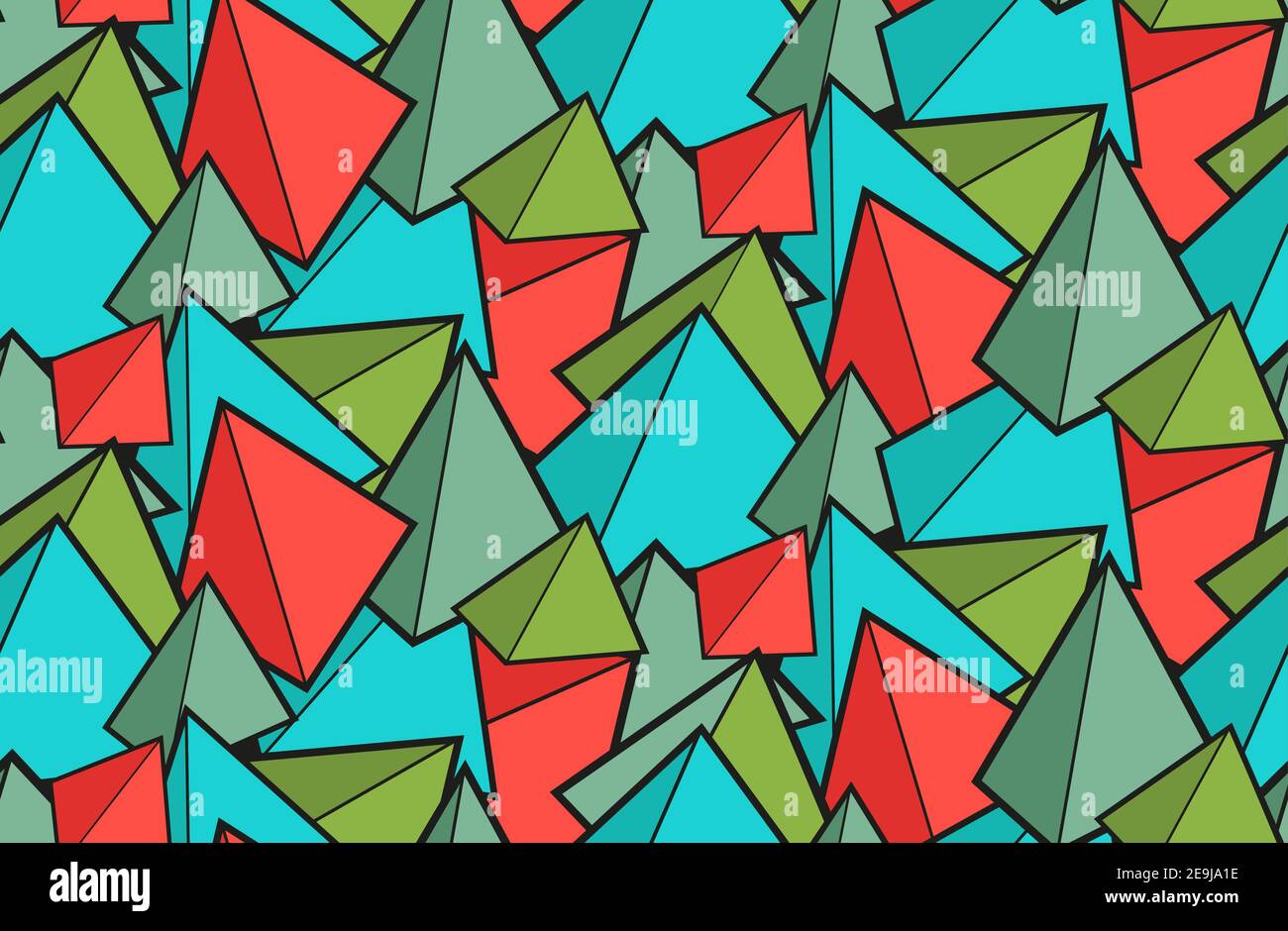 Seamless geometric pattern from multicolored pyramids. Childrens wallpaper from prisms. Fabric made of red and green cones. Texture for wrapping fabri Stock Vector