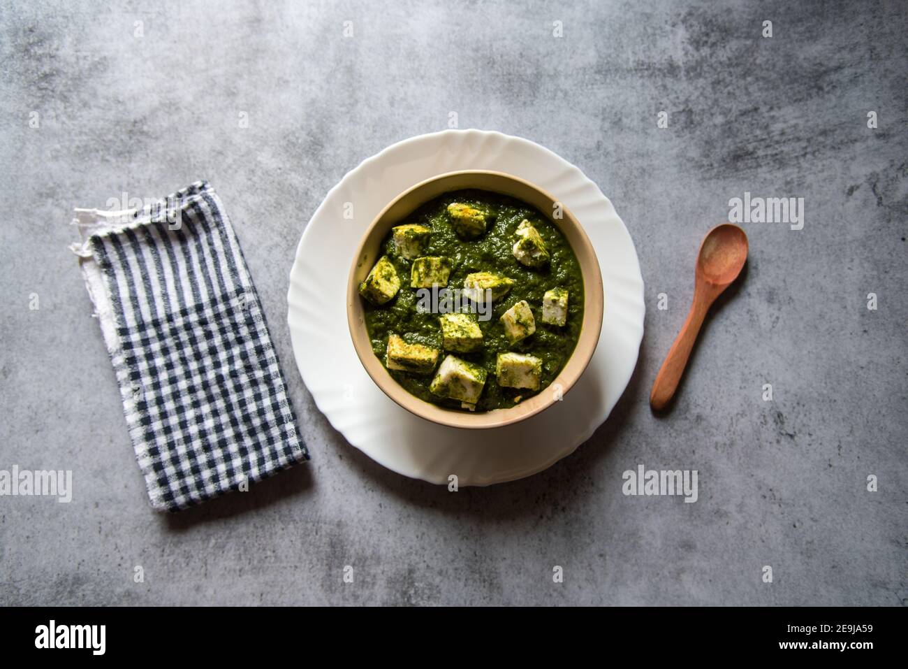 View from top of Palak Paneer Curry made up of spinach and cottage