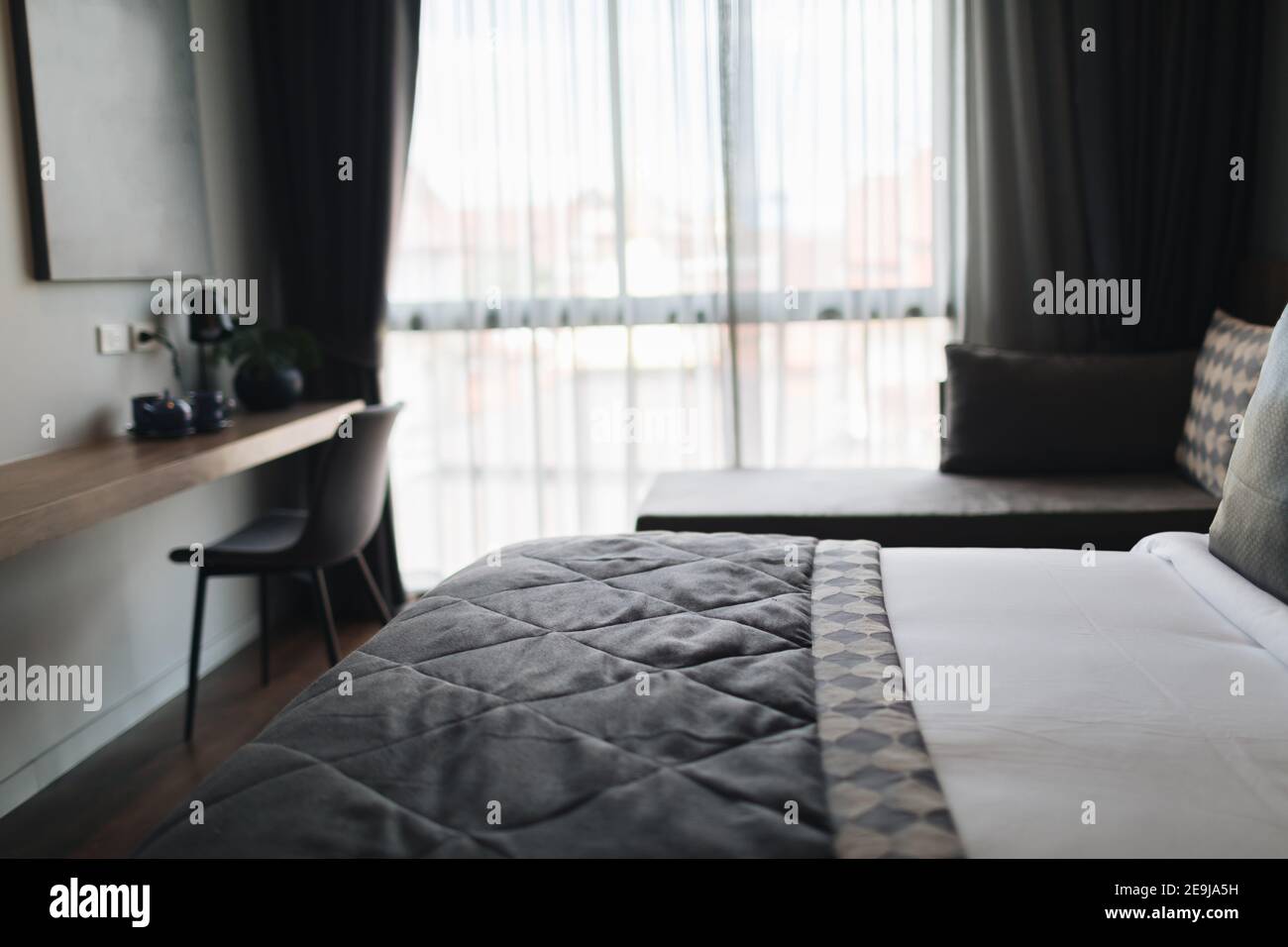 black and grey modern bedroom interior Stock Photo Alamy