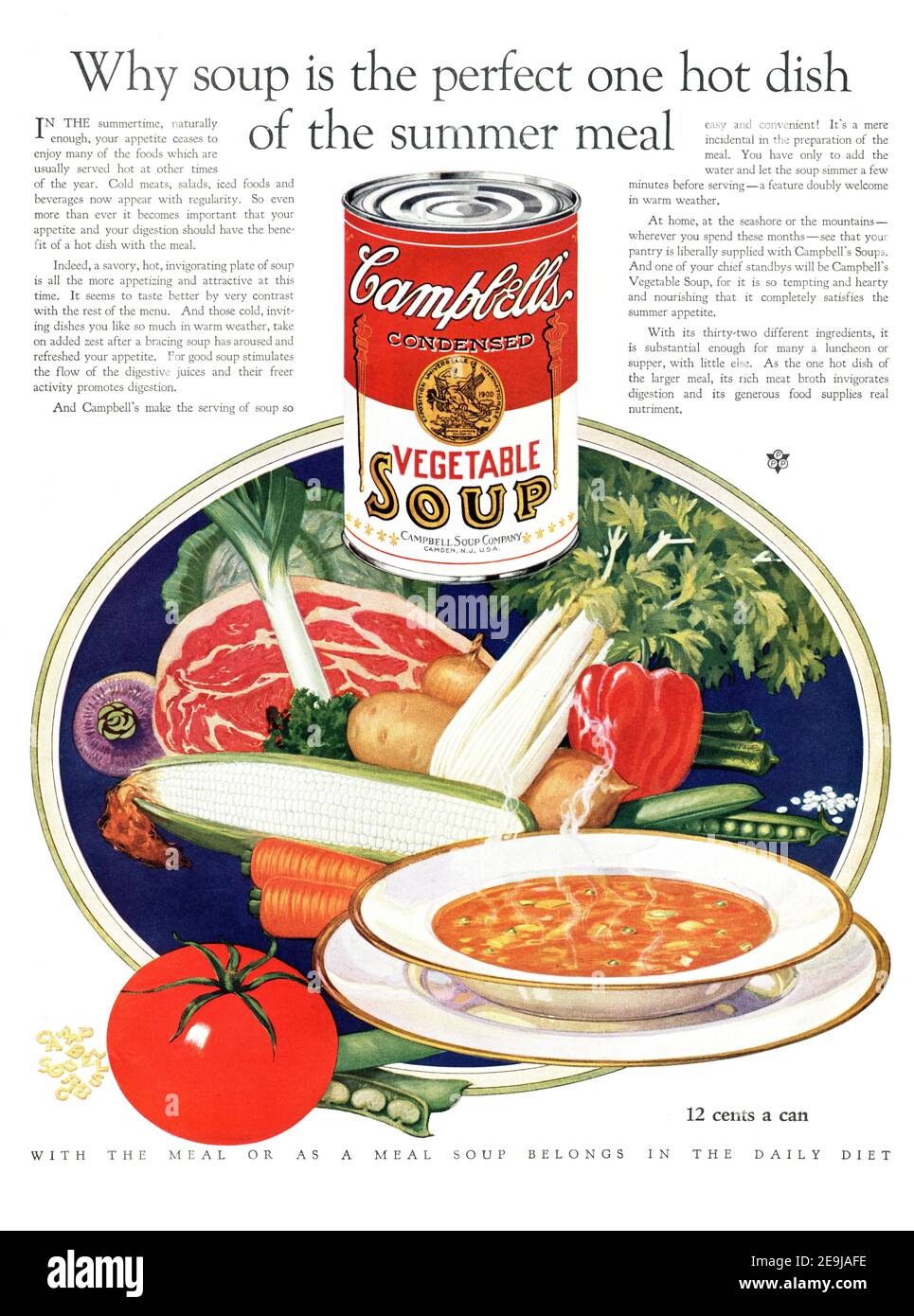 1927 Campbell Tomato Soup 'Why Soup Is The Perfect One Hot Dish of The Summer Meal' Advertisement, retouched and revived, 600dpi, poster quality, A3+ Stock Photo