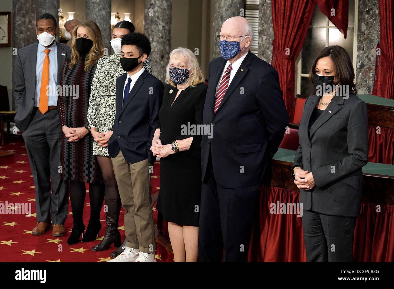 Sen. Patrick Leahy (D-Vt.) and Vice President Kamala Harris, far right, take a photo with LeahyâÂ€Â™s family after a ceremonial swearing in photo op on Thursday, February 4, 2021 in the Old Senate Chamber at the U.S. Capitol in Washington, D.C. From left son-in-law Lawrence Jackson, daughter Alicia Leahy, granddaughter Sophia Jackson, grandson Patrick Jackson, wife Marcelle Pomerleau, Sen. Patrick Leahy (D-Vt.) and Vice President Kamala Harris. Photo by Greg Nash/Pool/ABACAPRESS.COM Stock Photo