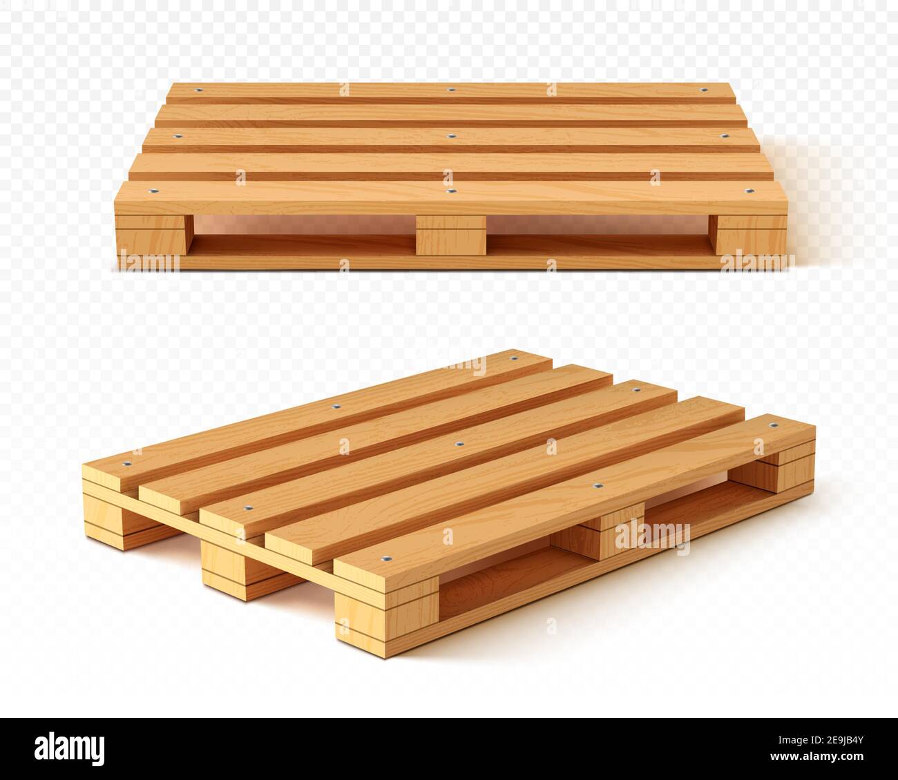 Wooden pallet front and angle view. Wood trays for cargo loading and transportation. Freight delivery, warehousing service equipment isolated on transparent background Realistic 3d vector illustration Stock Vector