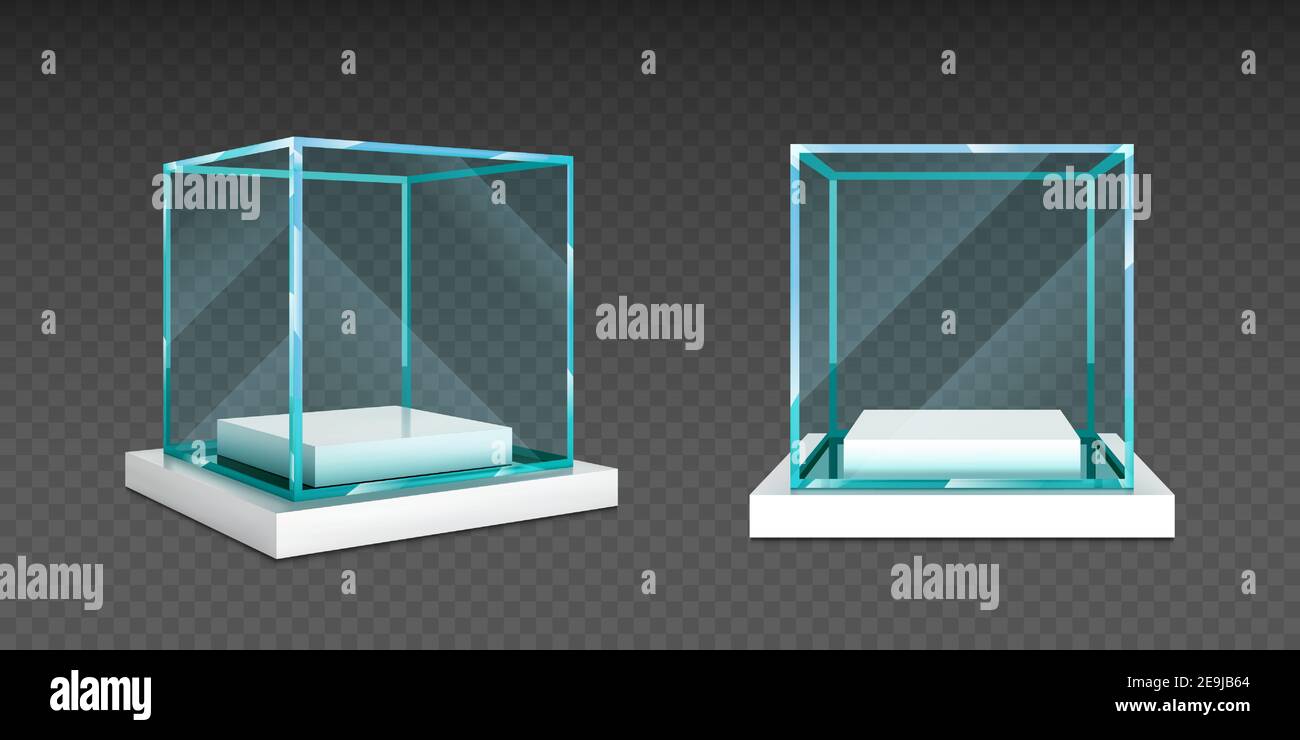 Glass cube box on white stand. Empty clear square showcase on podium in front and angle view. Vector realistic mockup of 3d acrylic or plexiglass box for exhibit isolated on transparent background Stock Vector