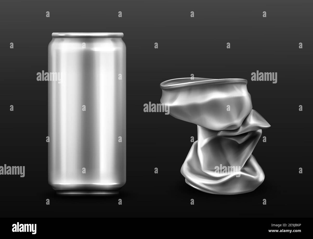 Crumpled aluminium can, empty container for soda or beer. Vector realistic mockup of metal trash for recycle, crushed tin can for drink. Recycling garbage isolated on gray background Stock Vector