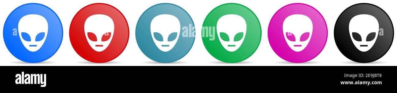 Alien face vector icons, set of circle gradient buttons in 6 colors ...