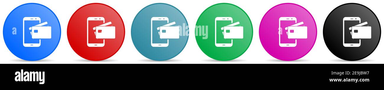 Online, mobile payment vector icons, set of circle gradient buttons in 6 colors options for webdesign and mobile applications Stock Vector