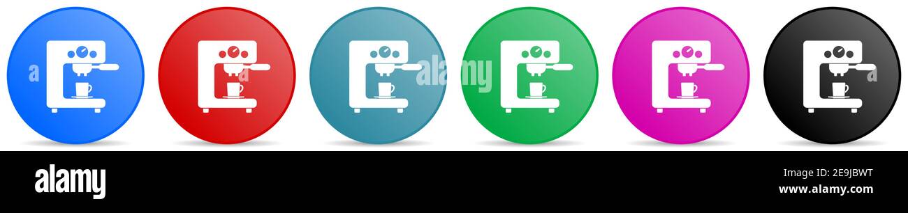 Coffee machine vector icons, set of circle gradient buttons in 6 colors ...