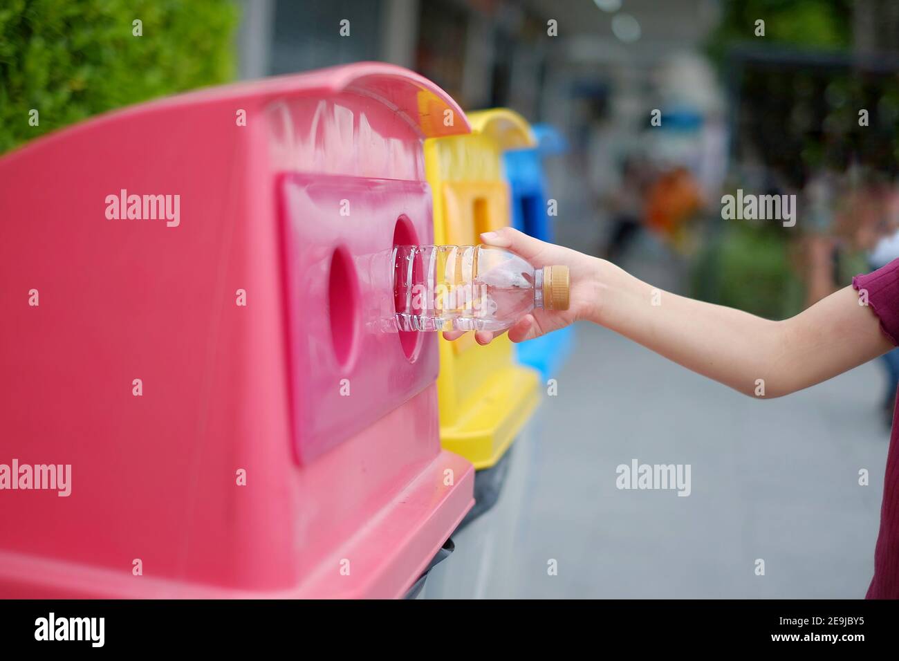 A close up picture of a cute young Asian girl throwing away an empty plastic water bottle on a recycling bin which sorted waste into 3 groups, recycla Stock Photo