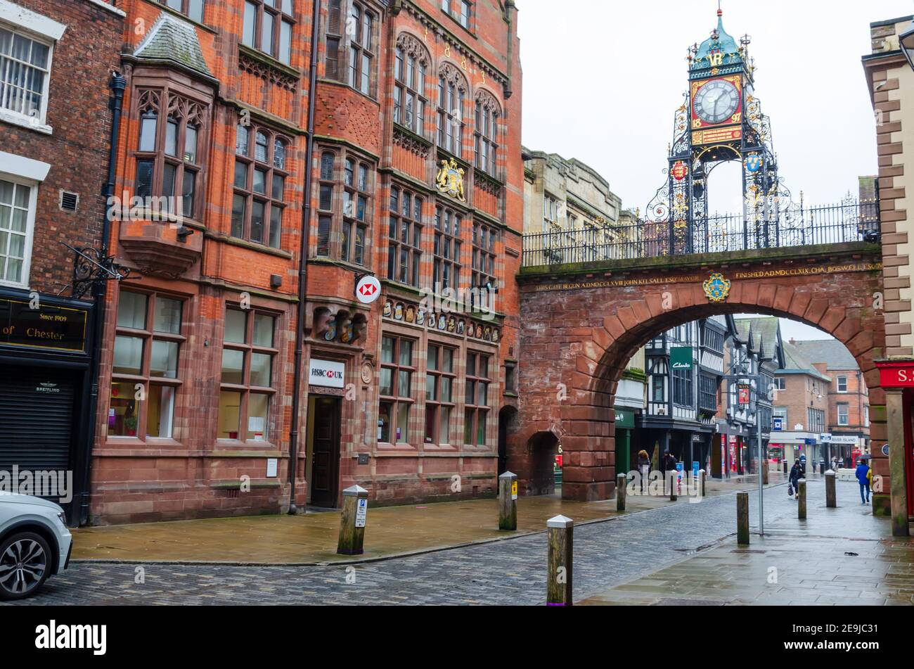 Chester; UK: Jan 29, 2021: A general view in the historic city centre of Chester on a Friday afternoon, reveals that very few people are out shopping Stock Photo