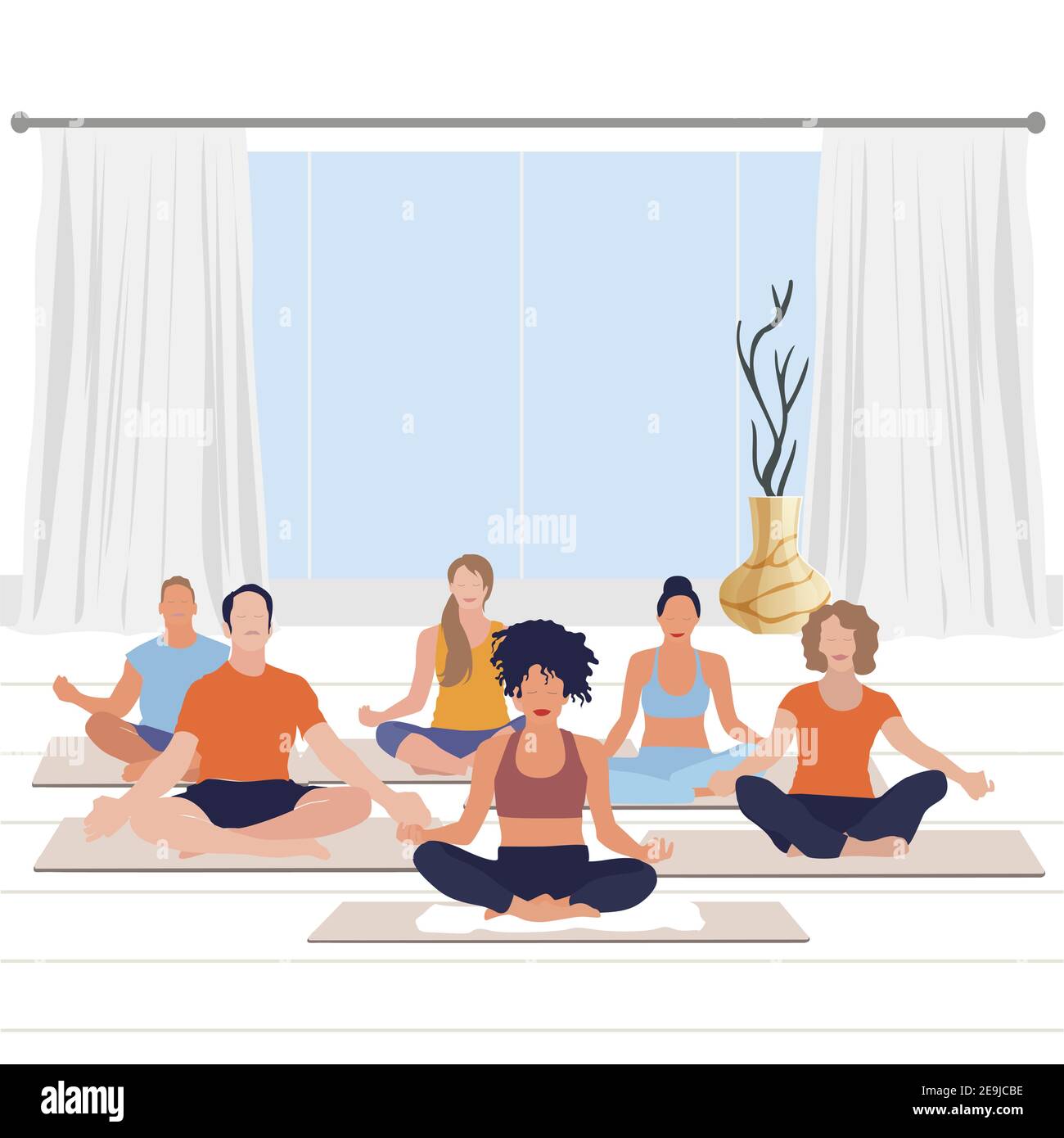 Meditate yoga class, calm exercise and relax. Vector activity buddhism, character guy and woman on yoga lesson, illustration pose relax asana yoga med Stock Vector