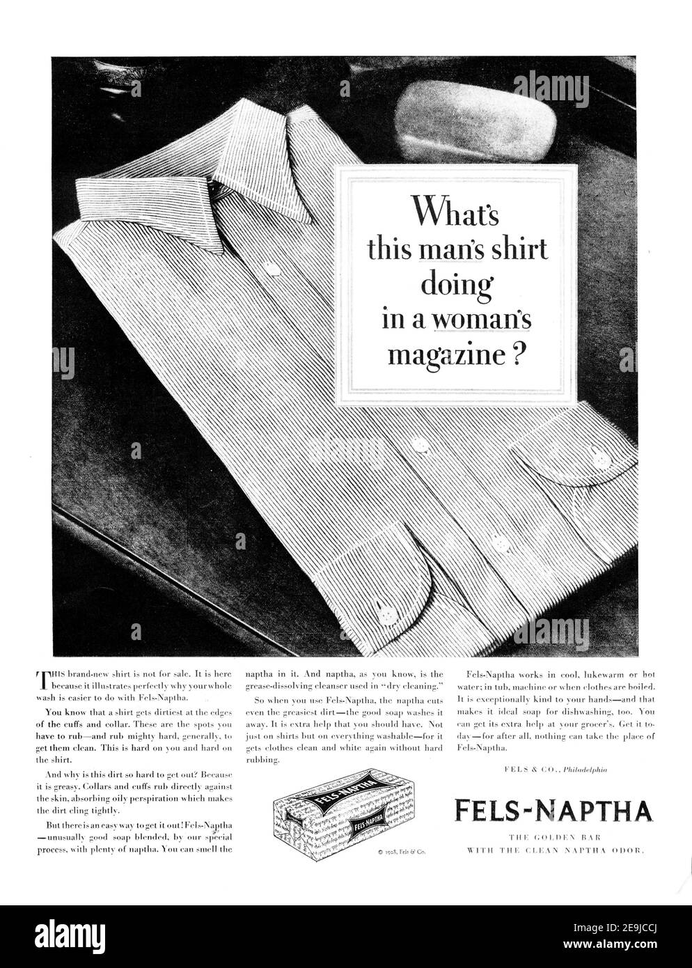 1928 Fels Naptha 'What's The Mans Shirt Doing in Womans Magazine' Advertisement, retouched and revived, cleaned, poster quality, 600dpi Stock Photo