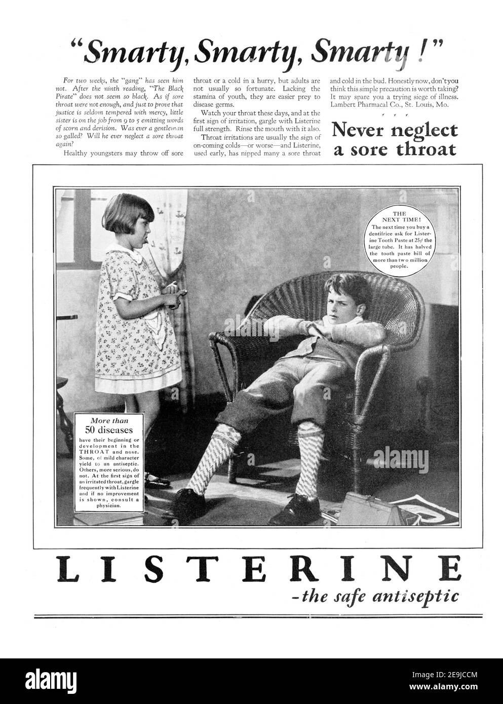 1928 Listerine 'Never Neglect a Sore Throat' Advertisement, retouched and revived, cleaned, poster quality, 600dpi Stock Photo