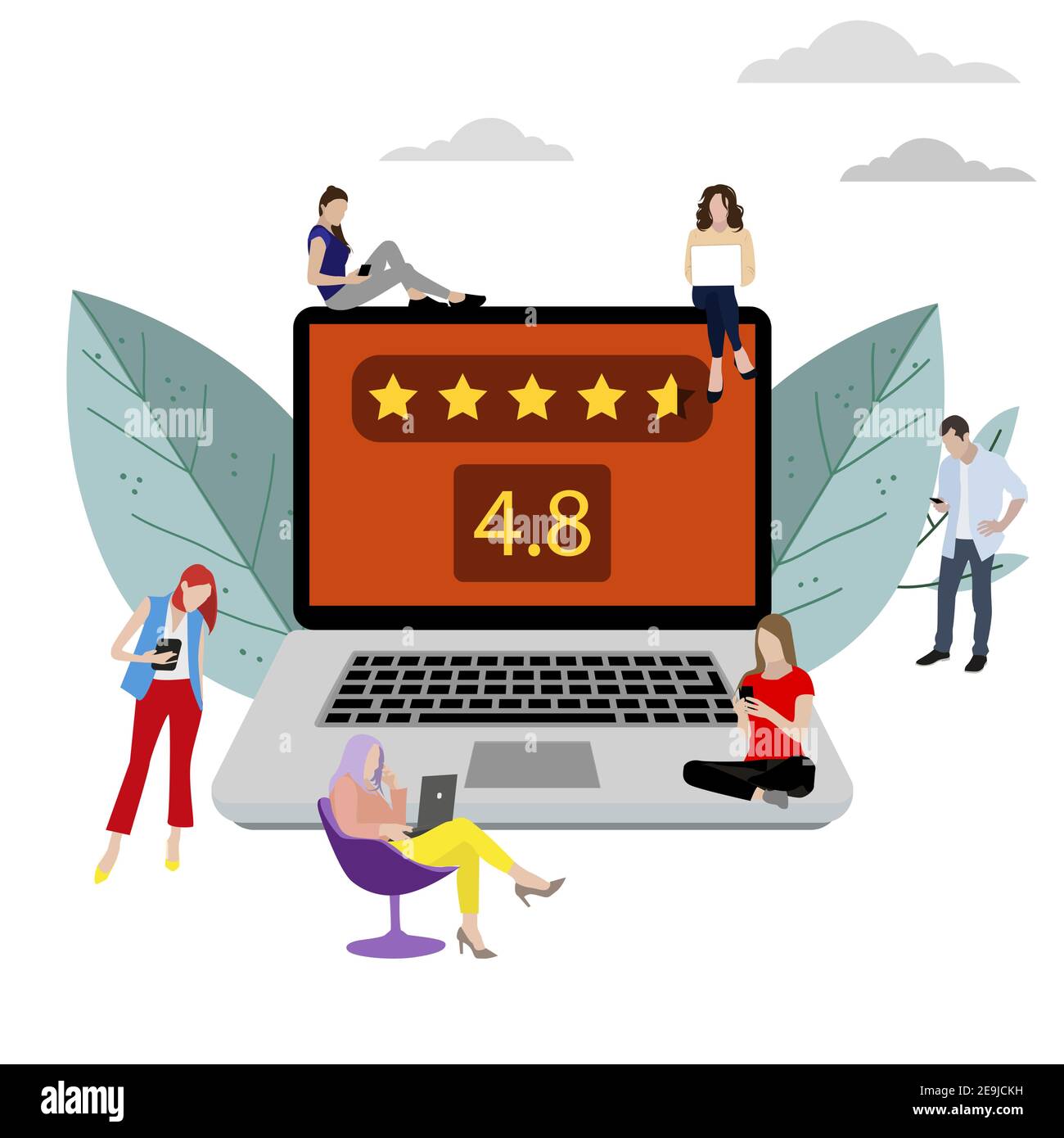 Review and feedback, rate and stars mark, rating quality. Vector star rating on laptop from customers, feedback mark quality, review and ranking, illu Stock Vector