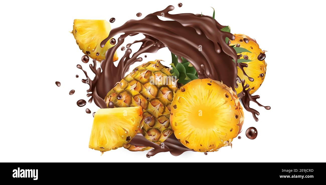 Whole and sliced pineapples in a chocolate splash. Stock Photo
