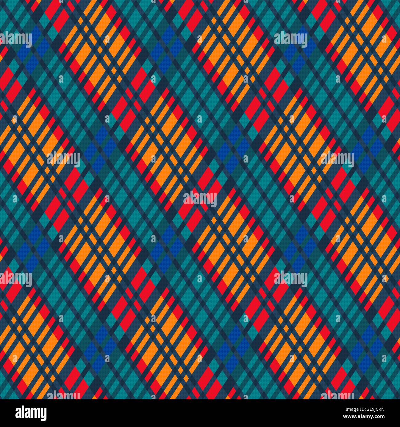 Detailed Rhomb seamless vector pattern as a tartan plaid in red, orange, blue and turquoise hues, texture for flannel shirt, plaid, tablecloths, cloth Stock Vector