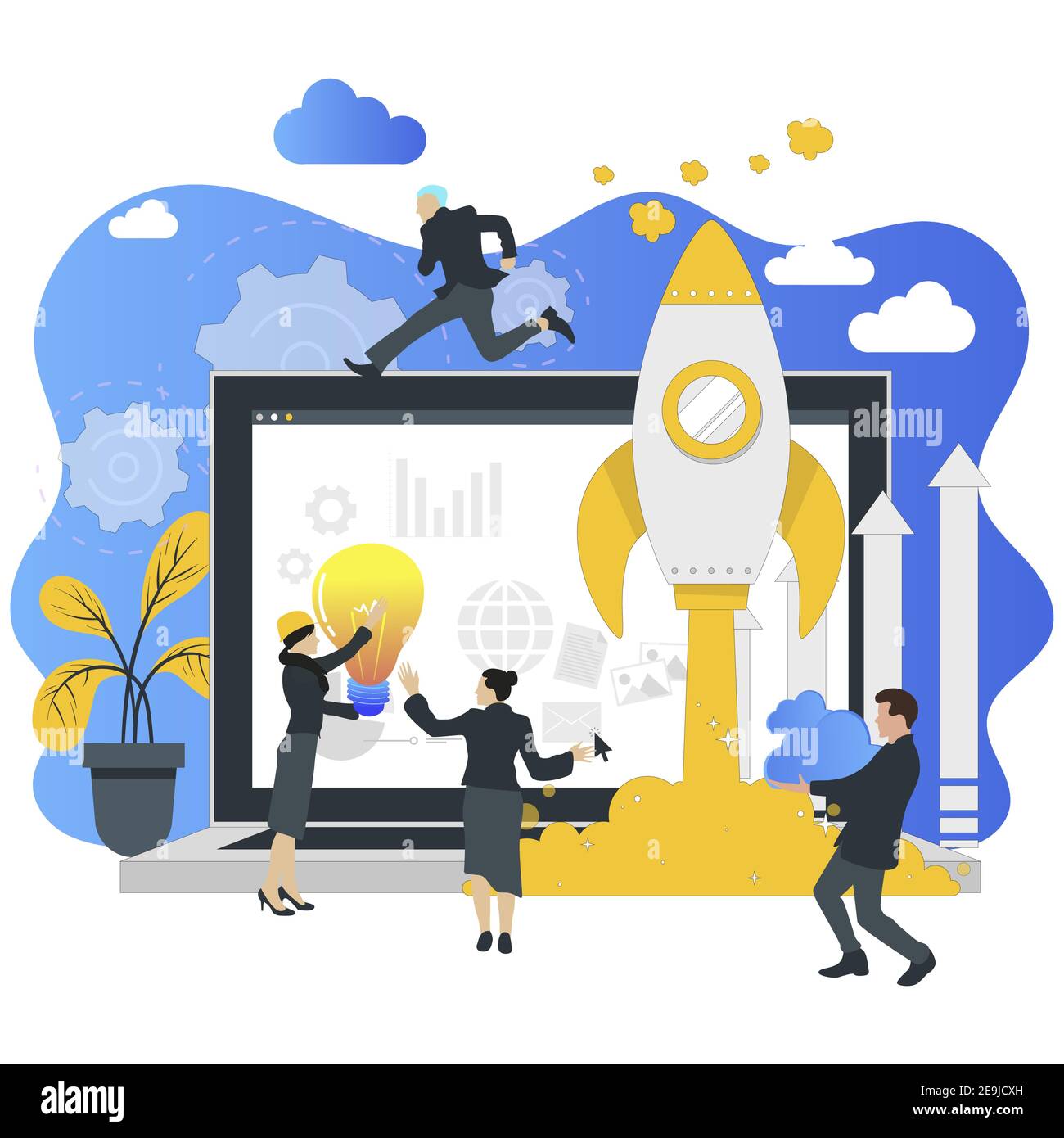 Launch rocket from laptop, start up concept success. Laptop launch project, start business and management, profit chart, vector illustration Stock Vector