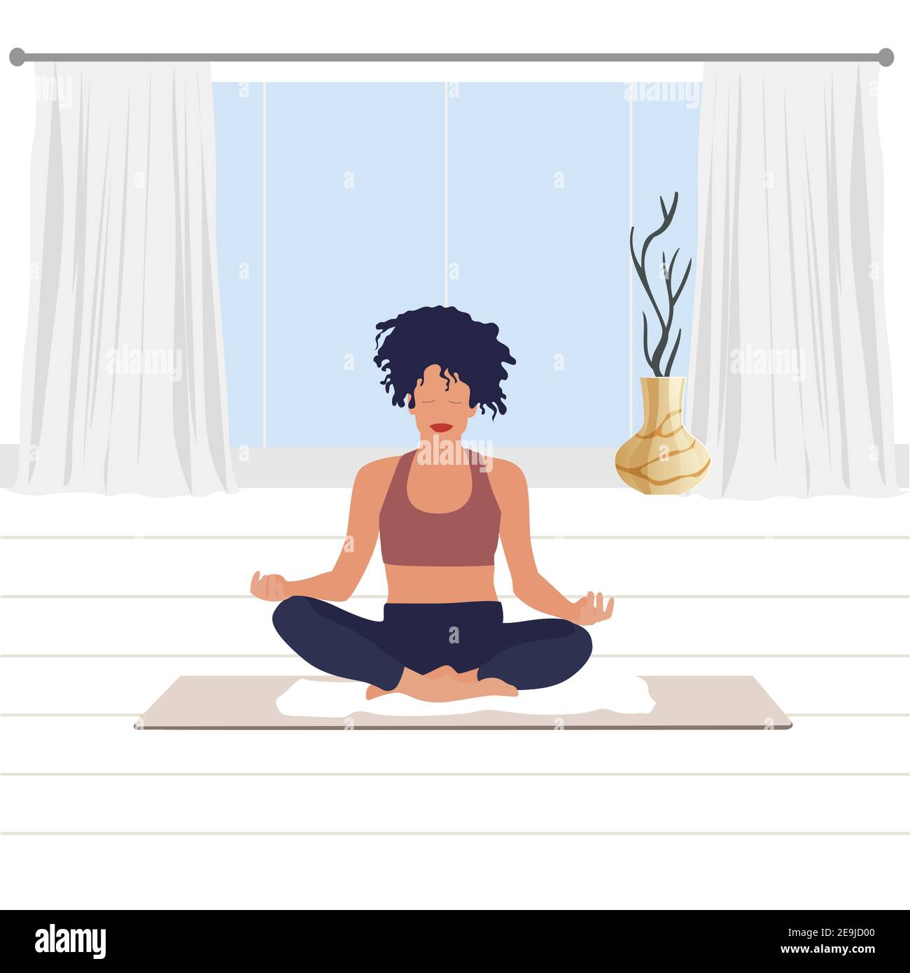 Woman meditating in room, breathing and meditation. Vector yoga fitness sitting on floor, concentration practice and leisure illustration Stock Vector