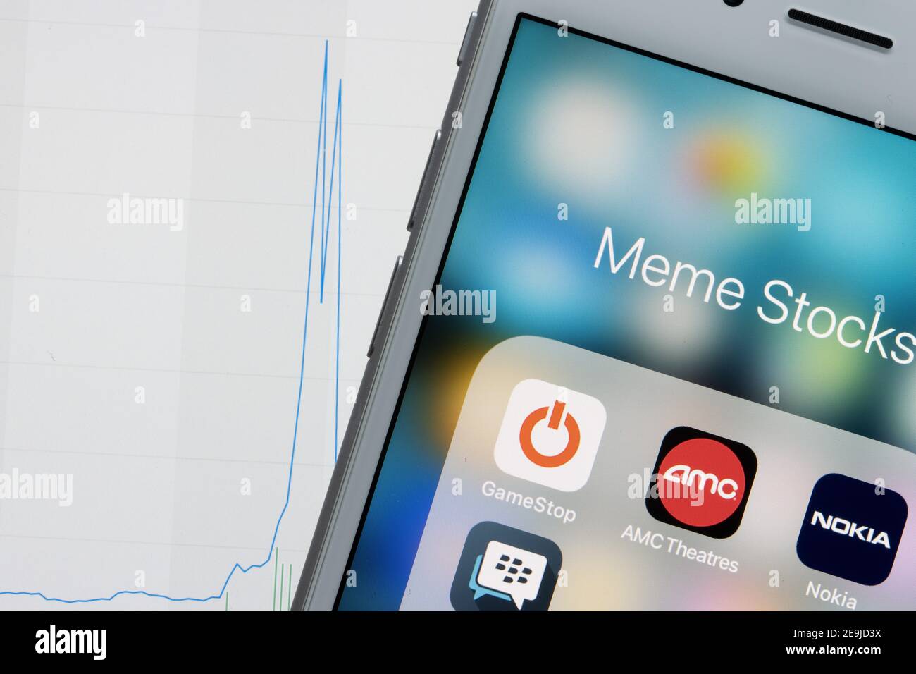 GameStop, AMC Theatres, Nokia, and BlackBerry Enterprise app icons are seen on an iPhone on February 4, 2021. Meme stock is a term for a stock that is Stock Photo