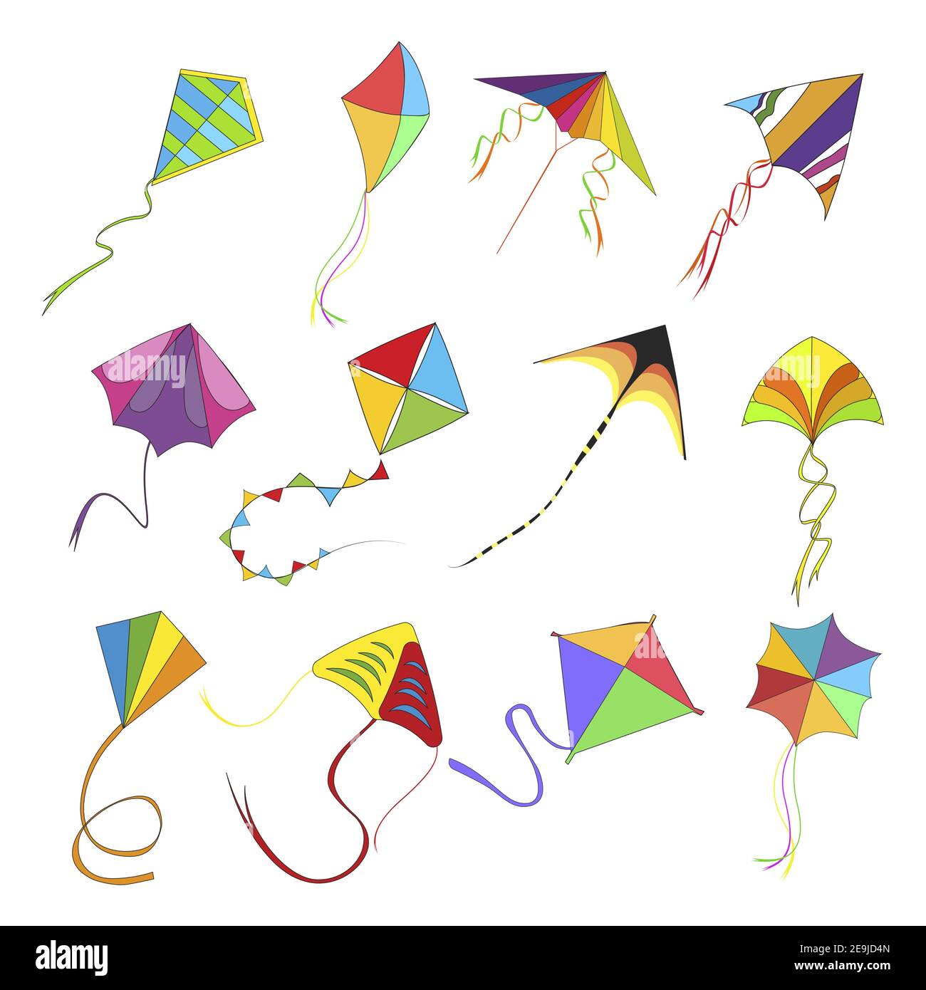 Flying kite set, colored kids toys in high sky, indian holiday makar sankranti, childhood play fly kite, entertainment playing. Vector illustration Stock Vector