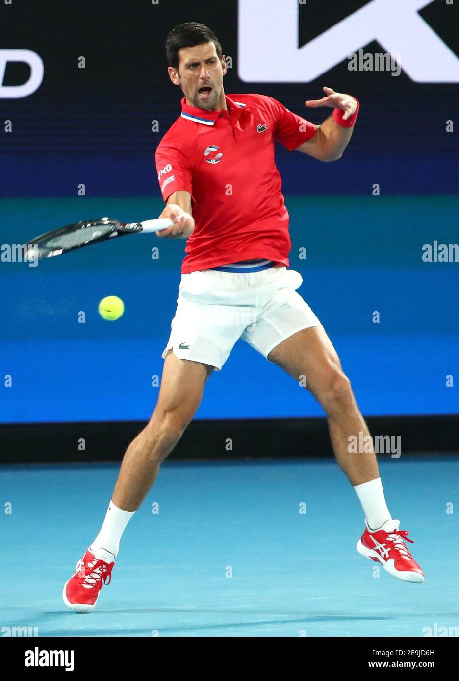 Tennis - ATP Cup - Melbourne Park, Melbourne, Australia, February 5, 2021  Serbia's Novak Djokovic in action during his group stage doubles match with  Nikola Cacic against Germany's Alexander Zverev and Jan-Lennard