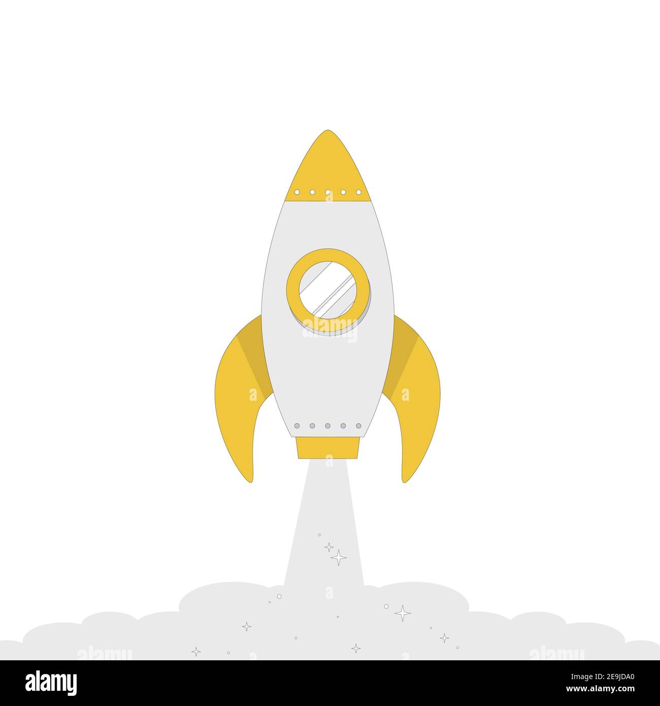 Rocket spaceship launch with white smoke, startup. Shuttle travel and takeoff start up. Vector illustration Stock Vector