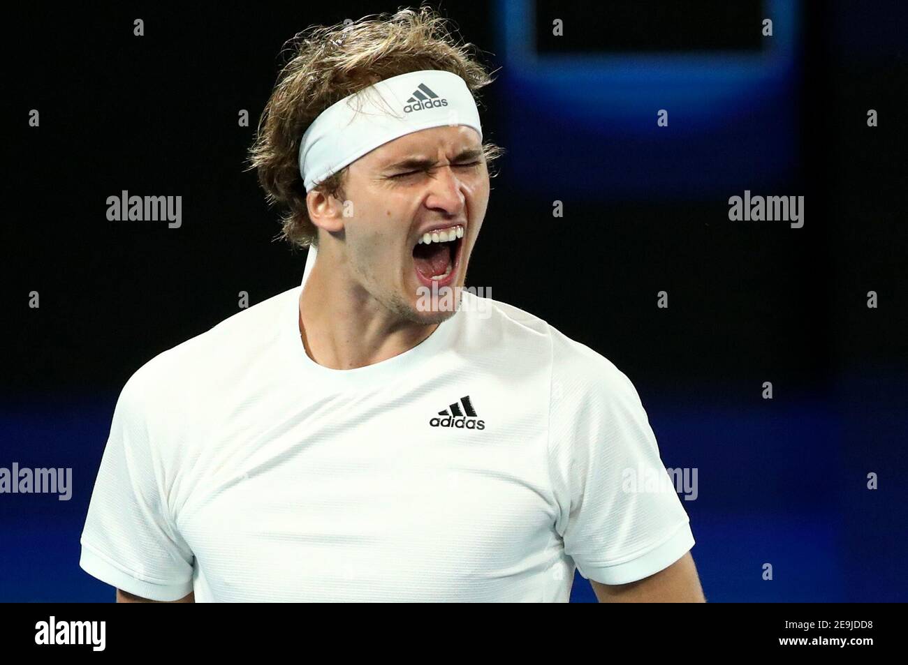 Tennis - ATP Cup - Melbourne Park, Melbourne, Australia, February 5, 2021  Germany's Alexander Zverev reacts during his group stage doubles match with  Jan-Lennard Struff against Serbia's Novak Djokovic and Nikola Cacic