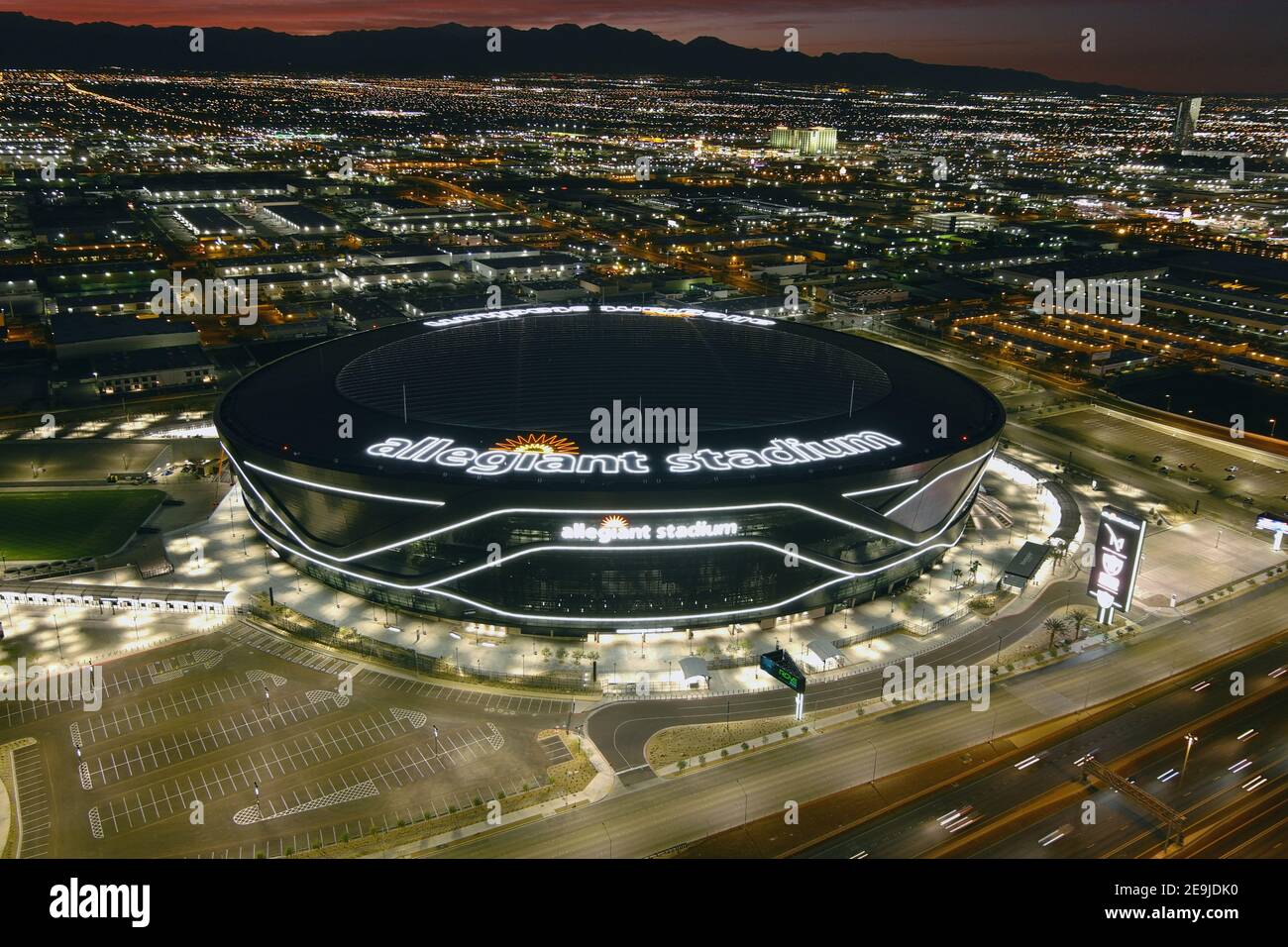 An aerial view of Allegiant Stadium, Wednesday, Feb. 3, 2021, in Las Vegas. The stadium is the home of the Las Vegas Raiders and the UNLV Rebels. Stock Photo