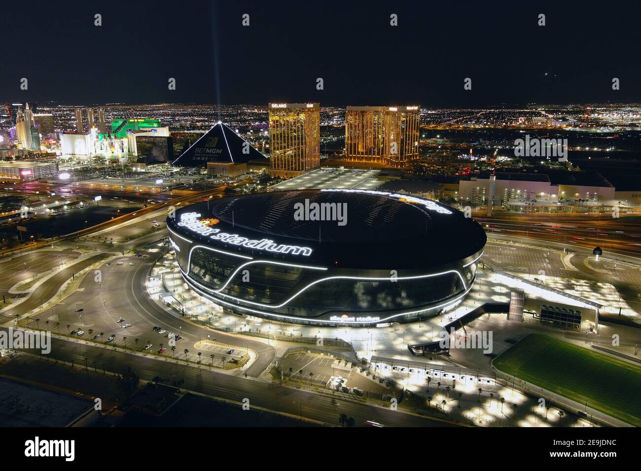 An aerial view of Allegiant Stadium, Wednesday, Feb. 3, 2021, in Las ...