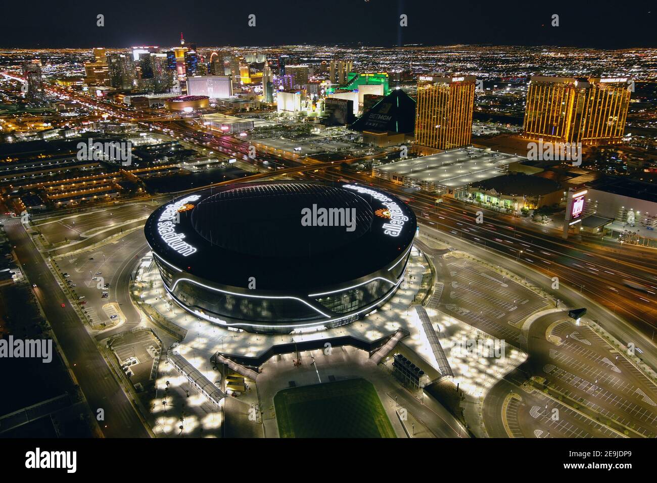 An aerial view of Allegiant Stadium, Wednesday, Feb. 3, 2021, in Las ...