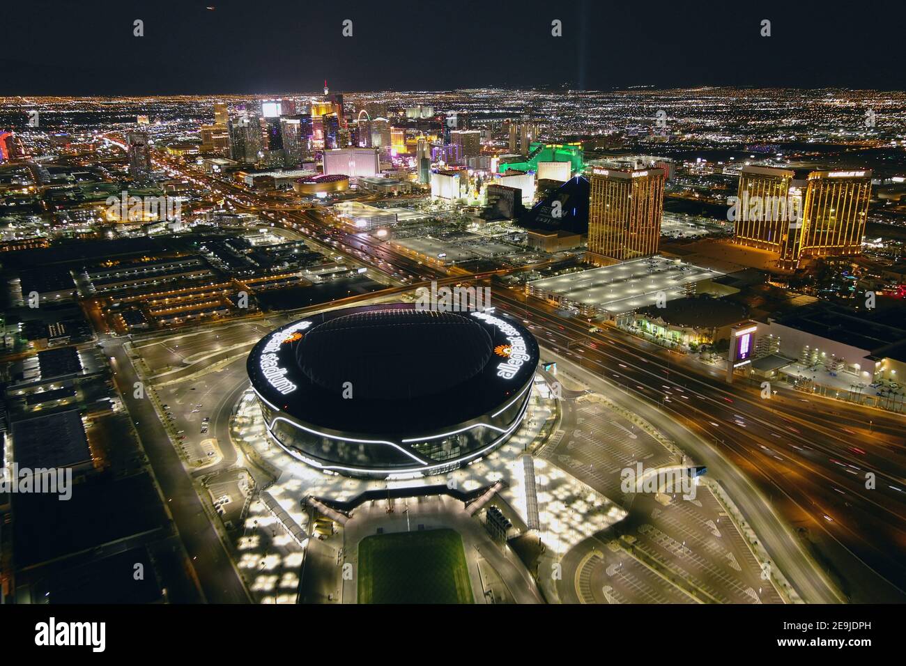 An aerial view of Allegiant Stadium, Wednesday, Feb. 3, 2021, in Las ...
