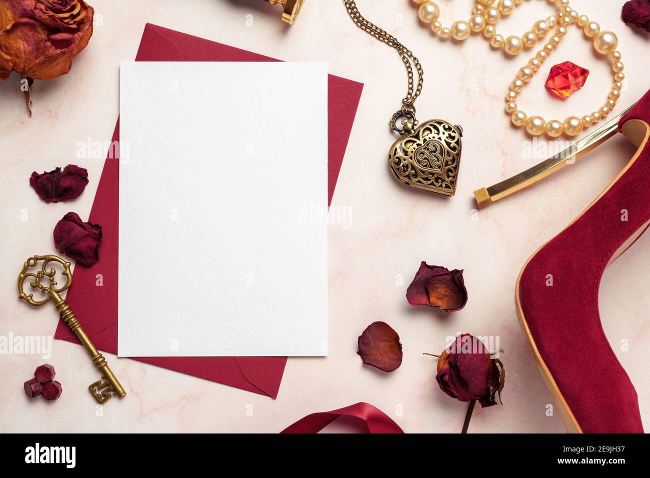 Download Secret Vintage Love Portrait Greeting Card Mockup On Top Of Red Envelope With Romantic Objects Around Like Heart Pearls Woman Shoe Rose Key Great Stock Photo Alamy