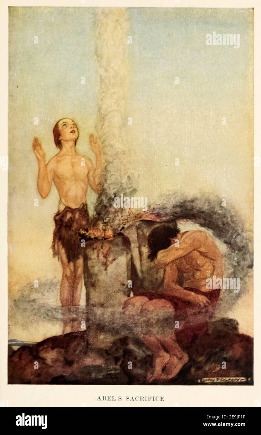Abel's Sacrifice From the Book ' Bible stories to read and tell : 150 stories from the Old Testament, with references to the Old and New Testaments ' Illustrated by Willy Pogany [William Andrew Pogany (born Vilmos András Pogány; August 24, 1882 – July 30, 1955) was a prolific Hungarian illustrator of children's and other books.] Stories edited by Olcott, Frances Jenkins Published in Boston by Houghton Mifflin Company in 1916 Stock Photo