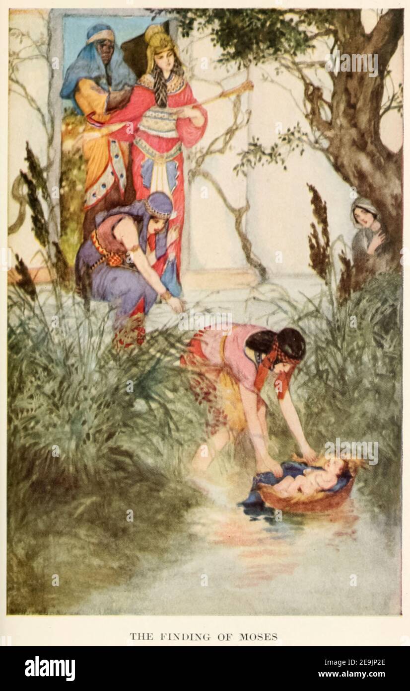 The Finding of Moses From the Book ' Bible stories to read and tell : 150 stories from the Old Testament, with references to the Old and New Testaments ' Illustrated by Willy Pogany [William Andrew Pogany (born Vilmos András Pogány; August 24, 1882 – July 30, 1955) was a prolific Hungarian illustrator of children's and other books.] Stories edited by Olcott, Frances Jenkins Published in Boston by Houghton Mifflin Company in 1916 Stock Photo