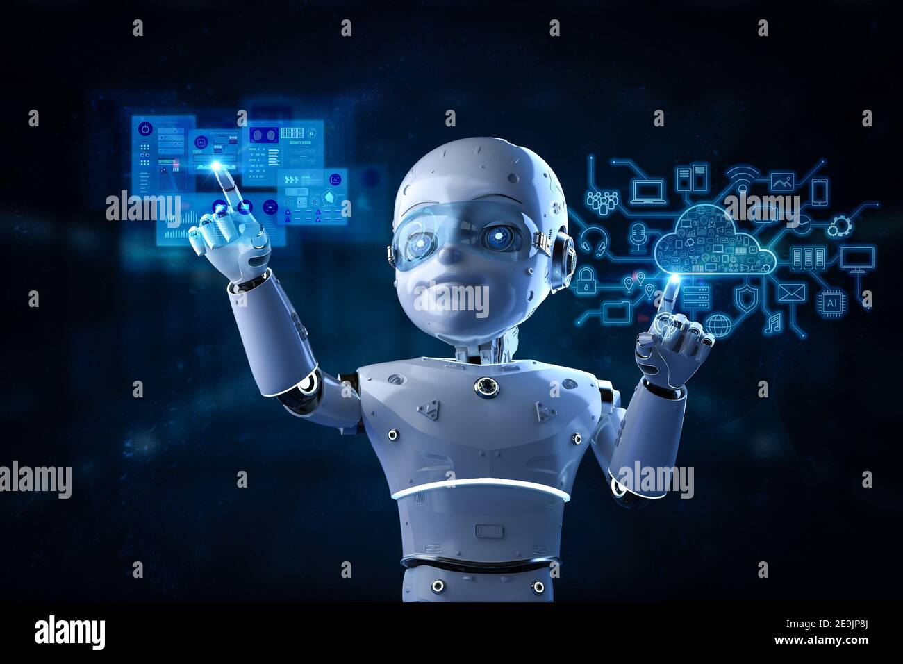 Cloud computing technology concept with 3d rendering cute robot and ...