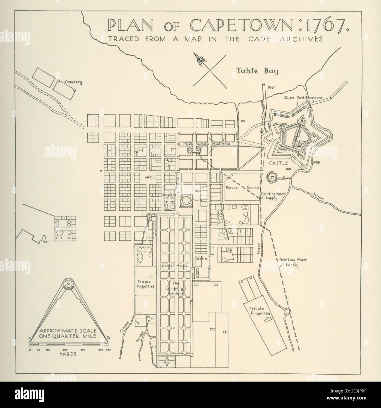 Plan of Cape Town in 1767 From the book ' Eighteenth century architecture in South Africa ' by Geoffrey Eastcott Pearse. Published by A.A. Balkema, Cape Town in 1933 G. E. Pearse was among the first to bring Cape architecture to a wide audience in a scholarly way. Eighteenth Century Architecture in South Africa was the result of many years research on the topic and remains an important reference work for the subject. Stock Photo