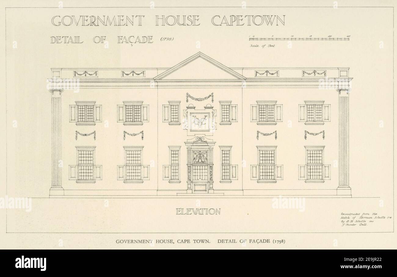 Government House, Cape Town. detail of face 1798 From the book ' Eighteenth century architecture in South Africa ' by Geoffrey Eastcott Pearse. Published by A.A. Balkema, Cape Town in 1933 G. E. Pearse was among the first to bring Cape architecture to a wide audience in a scholarly way. Eighteenth Century Architecture in South Africa was the result of many years research on the topic and remains an important reference work for the subject. Stock Photo