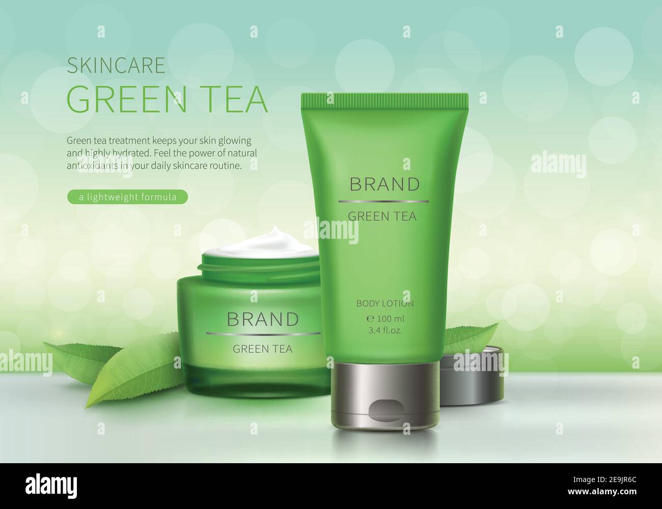 Download Cosmetic Realistic Vector Background Green Glass Jar And Plastic Tube With Silver Lid And Green Tea Leaves Natural Cosmetics Cream And Lotion Formula For Healthy Skin Mock Up For Organic Products Stock