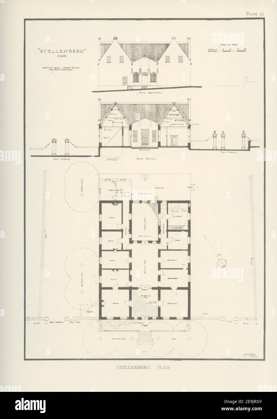 Stellenberg Architectural plan From the book ' Eighteenth century architecture in South Africa ' by Geoffrey Eastcott Pearse. Published by A.A. Balkema, Cape Town in 1933 G. E. Pearse was among the first to bring Cape architecture to a wide audience in a scholarly way. Eighteenth Century Architecture in South Africa was the result of many years research on the topic and remains an important reference work for the subject. Stock Photo